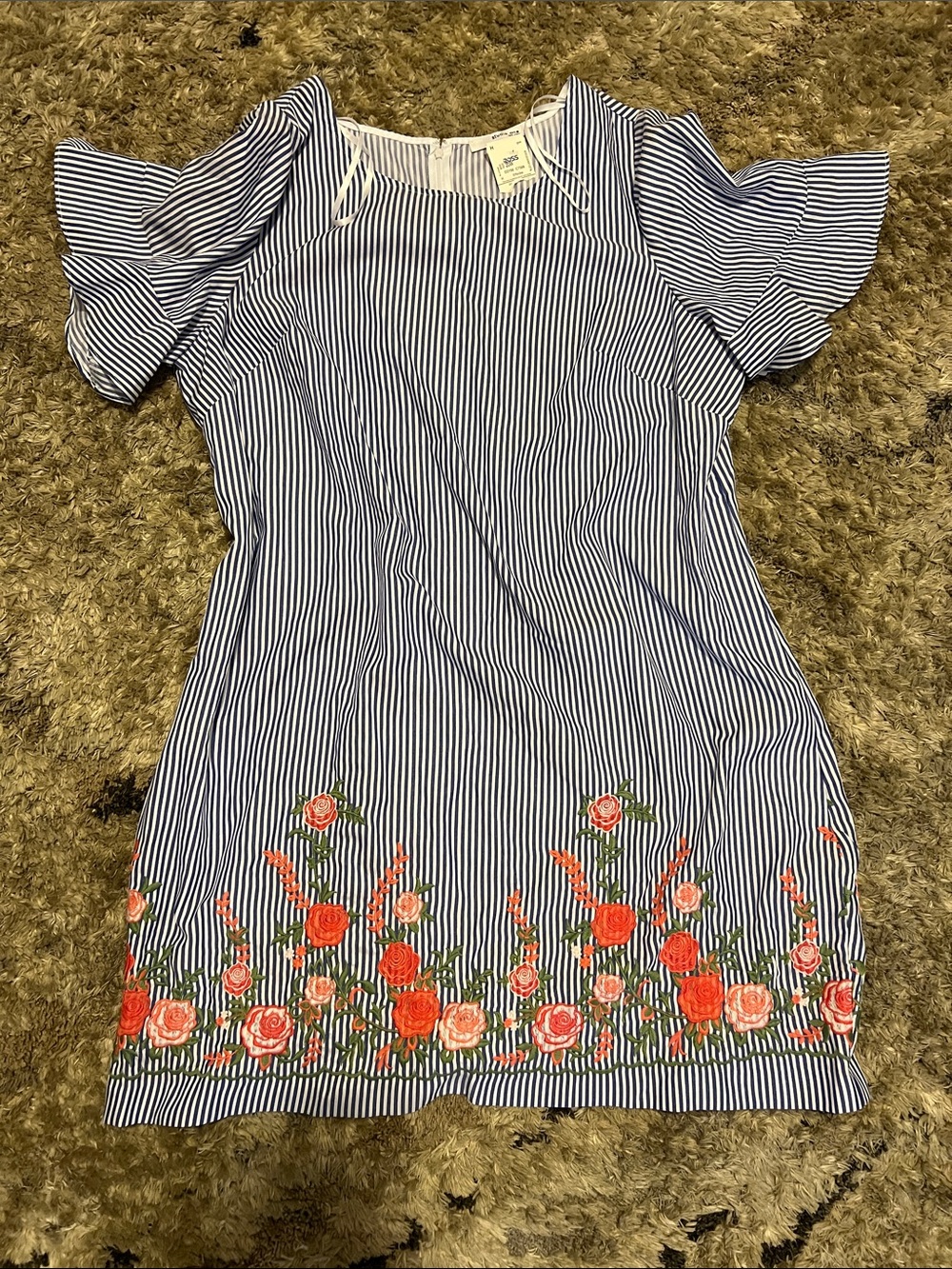 Studio One Navy & White Striped Dress with Coral Floral Trim